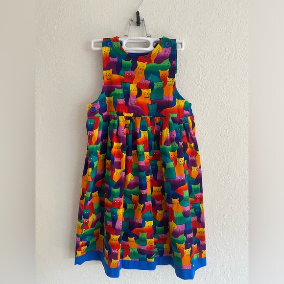 Other - Vintage 90s handmade 100% cotton colorful rainbow cat print girl’s dress jumper
